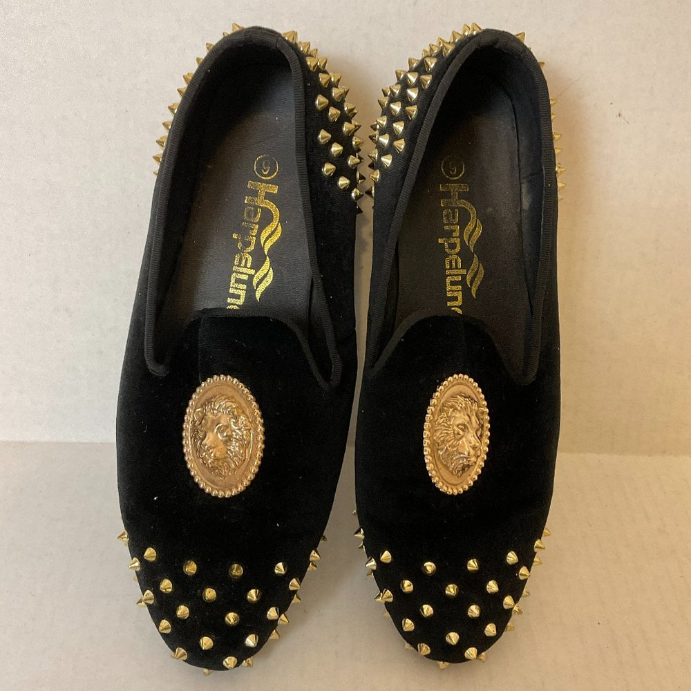 Harpelunde Velvet Loafers Men's 9 Black Gold Spikes Décor - Picture 2 of 10